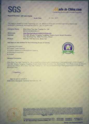 SGS CERTIFICATE NO: QIP-ASI176236 certificate from Zhuo Zhou Tian Hao Trading Co., Ltd.