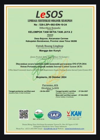 Organic cvultivation certificate from Dhanesa rembulan utama