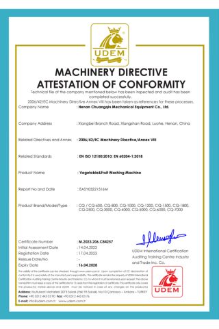 CE certificate from Henan Chuang Qin Mechanical Equipment Co., Ltd.
