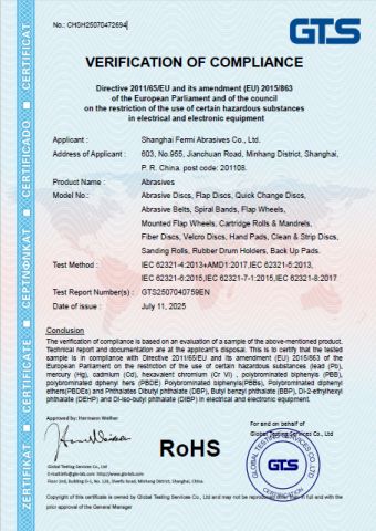 RoHS certificate from Shanghai Fermi Abrasives Co., Ltd.