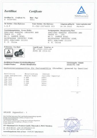 GS certificate from Zhejiang Passion Import and Export Co., Ltd.