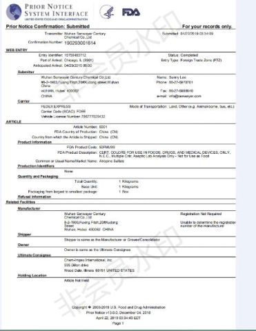 fda registration certificate of Wuhan Senwayer Century International Trading Co., Ltd. – certificate photo, supplier certificates section