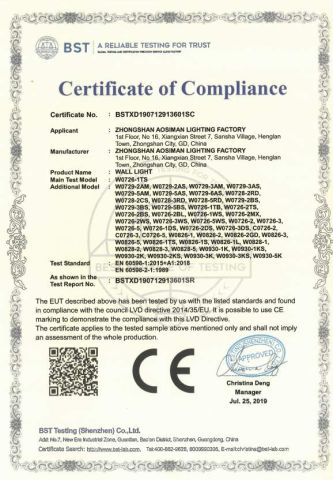 CE for Wall Light certificate from ZHONGSHAN AOSIMAN LIGHTING CO., LIMITED