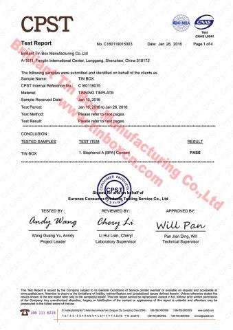 BPA Free Certificate of Tin Box certificate from Brilliant Tin Box Manufacturing Co., Ltd.