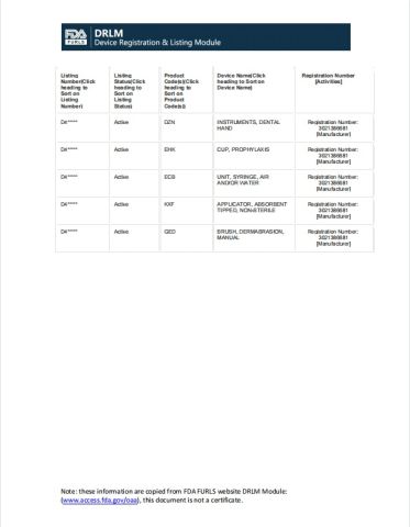 FDA certificate of Dongguan Ouwen Medical Device Technology Co., Ltd – certificate photo, supplier certificates section