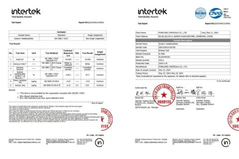 Test report-Sodium Metabisulfite certificate of FONDLAND CHEMICALS CO., LTD. – certificate photo, supplier certificates section