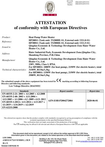 CE Certificate of Heat Pump Water Heater certificate from Qingdao Haier New Energy Appliance Co., Ltd.