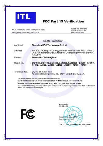ECR600-FCC certificate from Shenzhen HCC Technology Co., Ltd.