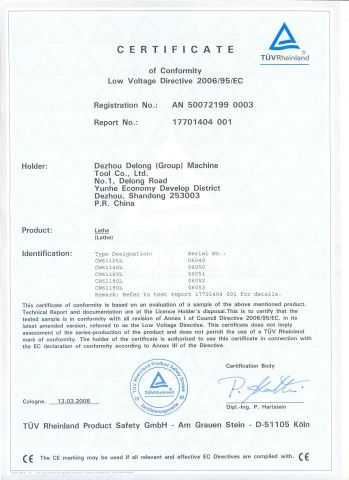 CW61125L CW61140L CW61160L CW61180L CW61190L CE CERTIFICATE-LOW VOLTAGE DIRECTIVE certificate from DEZHOU PRECION MACHINE TOOL CO., LTD.
