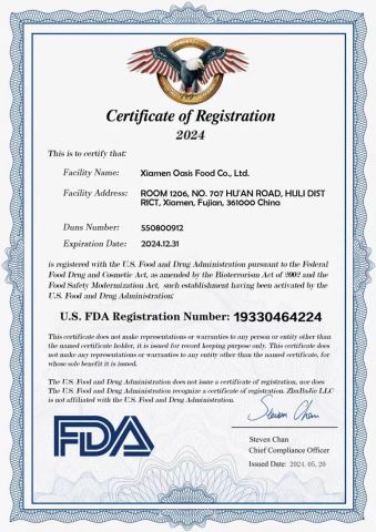FDA certificate of Xiamen Oasis Food Co., Ltd. – certificate photo, supplier certificates section