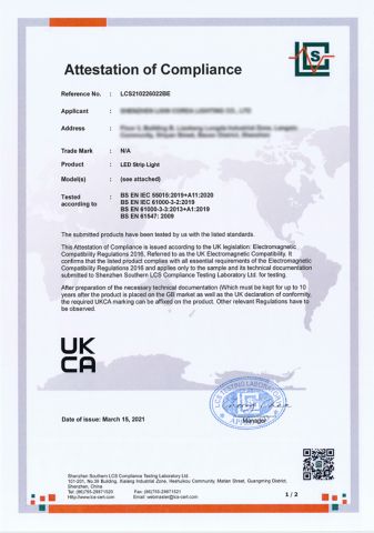UKCA1 certificate from Jiangmen Xinghong Lighting Co., Ltd.