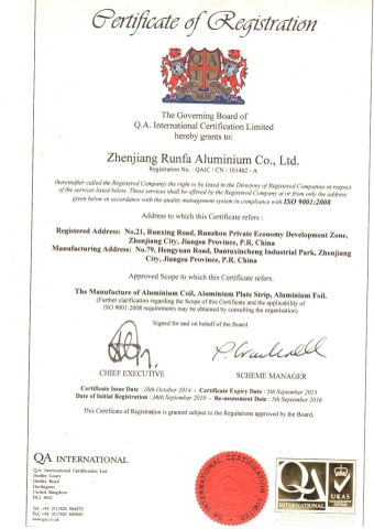 ISO9001:2008 for aluminium products certificate of Zhenjiang Runfa Aluminium Co., Ltd. – certificate photo, supplier certificates section