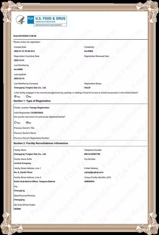 FDA certificate from Chongqing Tonghui Gas Co., Ltd.