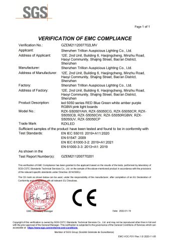 CE certificate from Shenzhen Trillion Auspicious Lighting Co., Ltd.