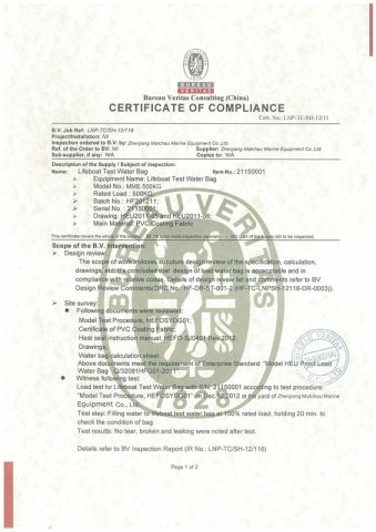 certification for lifeboat load test water bag certificate from Zhenjiang Matchau Marine Equipment Co., Ltd.