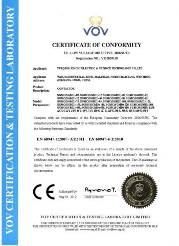 CE Certificate for SGMC Contactors certificate of Wenzhou Xinchi International Trade Co., Ltd. – certificate photo, supplier certificates section
