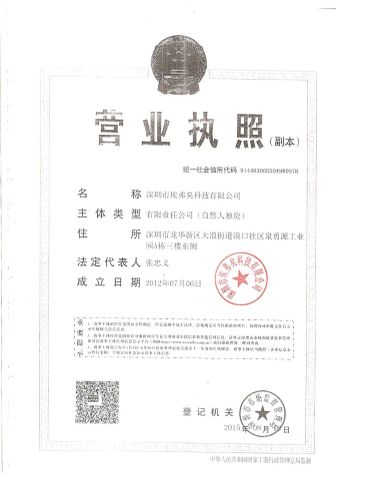 Business License certificate from Shenzhen F1 Technology Co., Ltd.