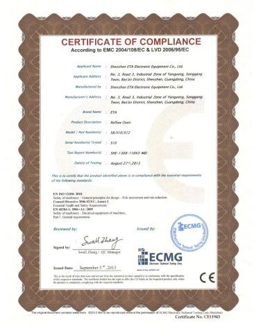 CE Certification for LED SMD SMT Reflow Soldering Oven Machine certificate from Dongguan ICT Technology Co.,Ltd.