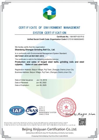 ISO 14001 certificate of Shandong Shengye Grinding Ball Co., Ltd. – certificate photo, supplier certificates section