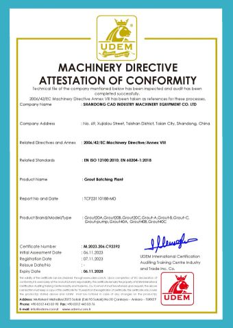CE Grout Batching Plant certificate from Shandong Cad Industry Machinery Equipment Co., Ltd.