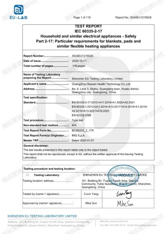 CE-test report certificate from Guangzhou Raysen Health Technology Co., Ltd.