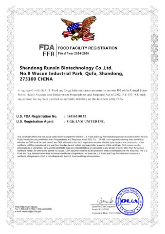 FDA certificate from SHANDONG BOULIGA BIOTECHNOLOGY CO., LTD.