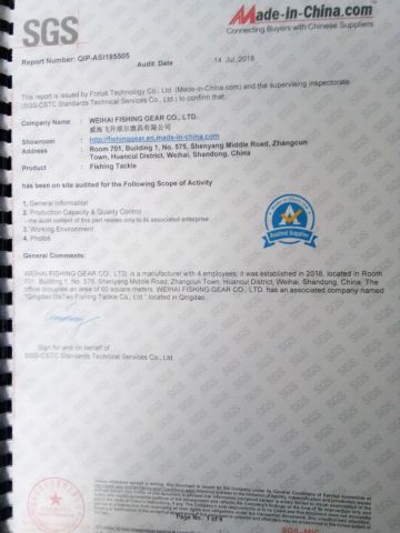 SGS CERTIFICATION certificate from WEIHAI FISHING GEAR CO., LTD.