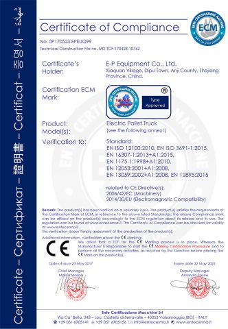 CE Certificate of Electric Pallet Truck certificate of ZHEJIANG EP EQUIPMENT IMP. & EXP. CO., LTD. – certificate photo, supplier certificates section