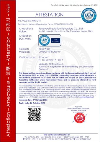 Rock Wool CE certificate from Rosewool Insulation Refractory Co., Ltd.