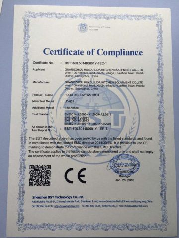 Certificate of Compliance certificate from Guangzhou Lida Kitchen Equipment Co., Ltd.