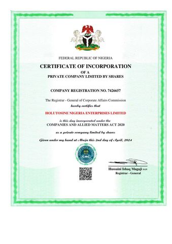 Corporate Business Certificate  certificate from HOLUTOSINE NIGERIA ENTERPRISES LIMITED 