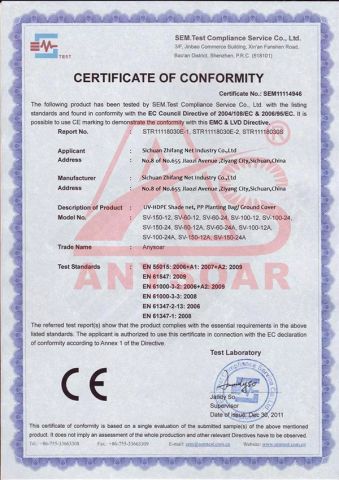 CE certificate from Sichuan Zhifang Net Industry Co., Ltd.