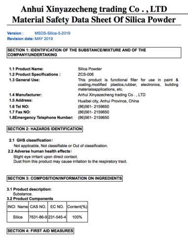 Silica MSDS certificate of Shenzhen Huazhong Sun May Technology Co., Ltd – certificate photo, supplier certificates section