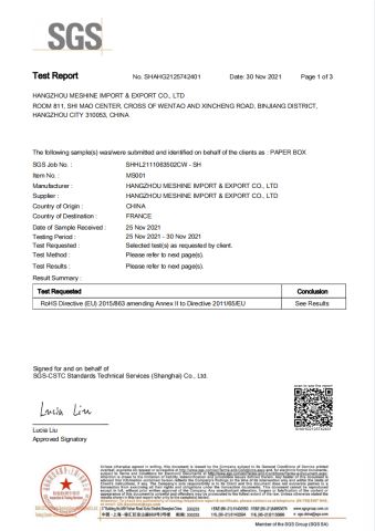 RoHS certificate of Hangzhou Meshine Import And Export Co., Ltd – certificate photo, supplier certificates section