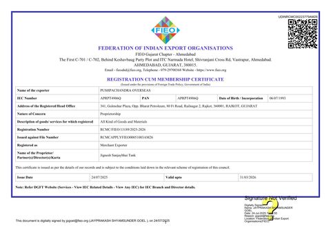 FIEO certificate from Pushpachandra Overseas