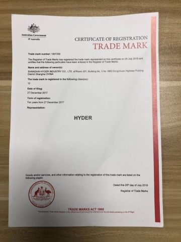 trade mark from Australia certificate of Shanghai Hyder Industry Co., Ltd. – certificate photo, supplier certificates section