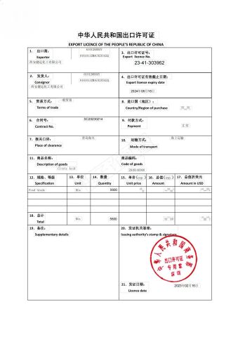 Citric Acid Export Licence certificate of Xi an Jianyuan Chemical Co., Ltd. – certificate photo, supplier certificates section