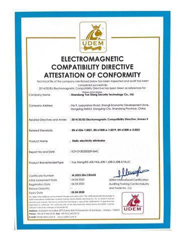 Static electricity eliminator certificate from Shandong Yue Xiang Security Technology Co., Ltd.