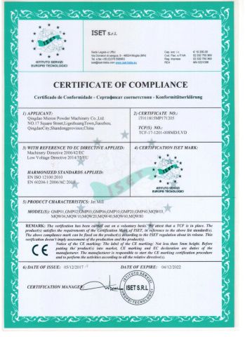 CE certificate from Qingdao Micron Powder Machinery Co., Ltd.