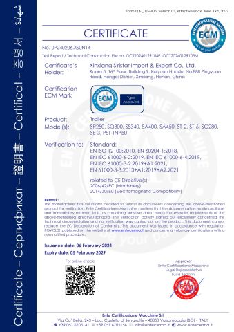 CE certificate from Xinxiang Siristar Import& Export Co.,Ltd.