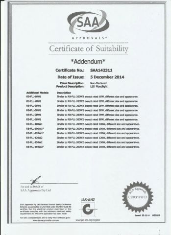 LED Floodlight certificate from Rayborn Lighting Industry Co., Ltd.