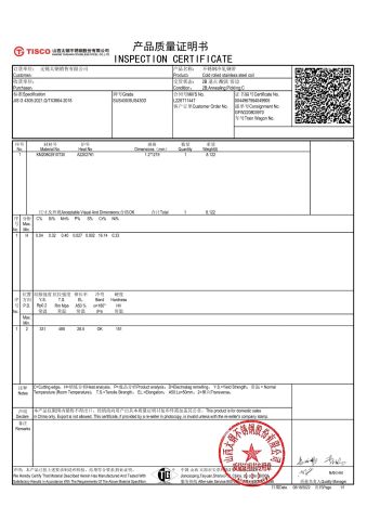 430 Stainless Steel Coil/Strip certificate of Jiangsu Jinmingxin Metal Technology Co., Ltd. – certificate photo, supplier certificates section