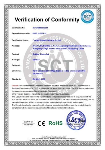 CE& RoHS Verified certificate from Foshan Kingwell Industry Co., Ltd.