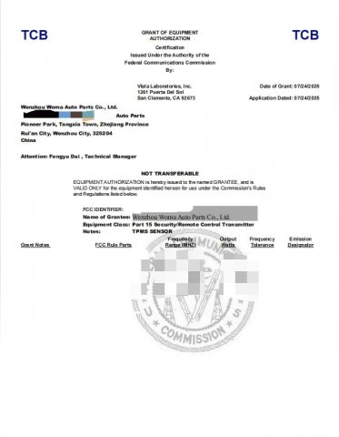 FCC certificate from Wenzhou Woma Auto Parts Co., Ltd.