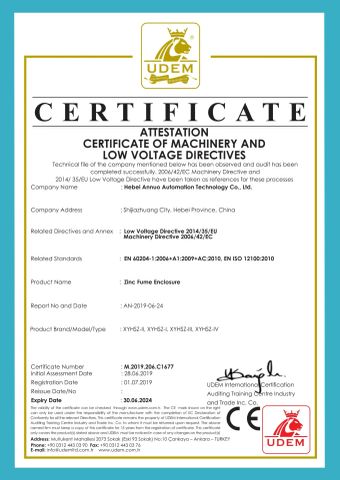 CE of Zinc Fume Enclosure certificate from Hebei Annuo Automation Technology Co., Ltd.