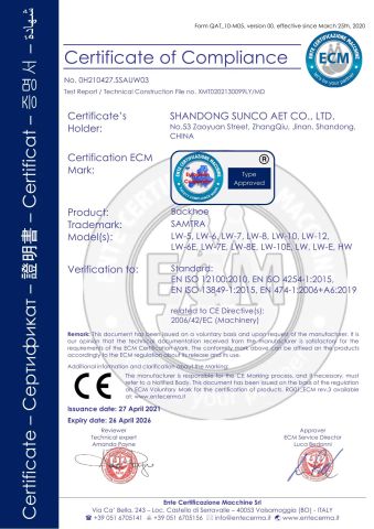 CE of Backhoe certificate from Qingdao Tavol Machinery Co., Ltd.