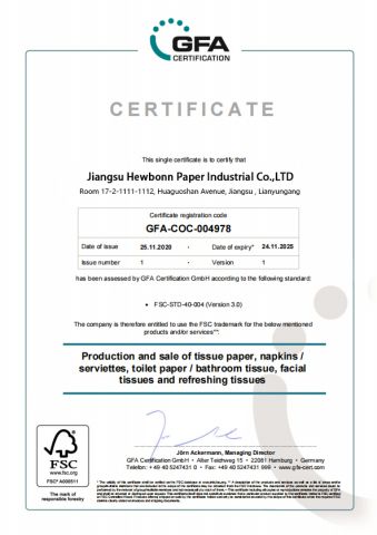FSC certificate from Jiangsu Hewbonn Paper Industrial Co., Ltd.
