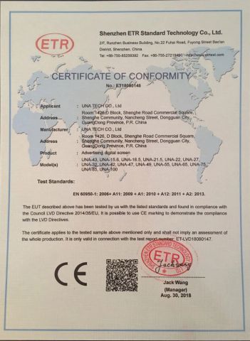 CE-LVD certificate from UNA Tech Co., Ltd.