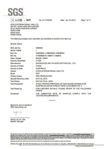 Certificates certificate from Shengzhou Deli Plastic Netting Co., Ltd.
