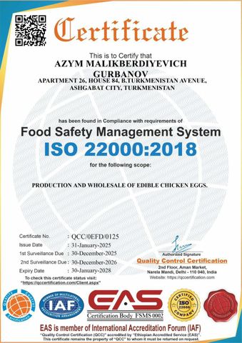 ISO 22000:2018 certificate from Orun Trading LLC